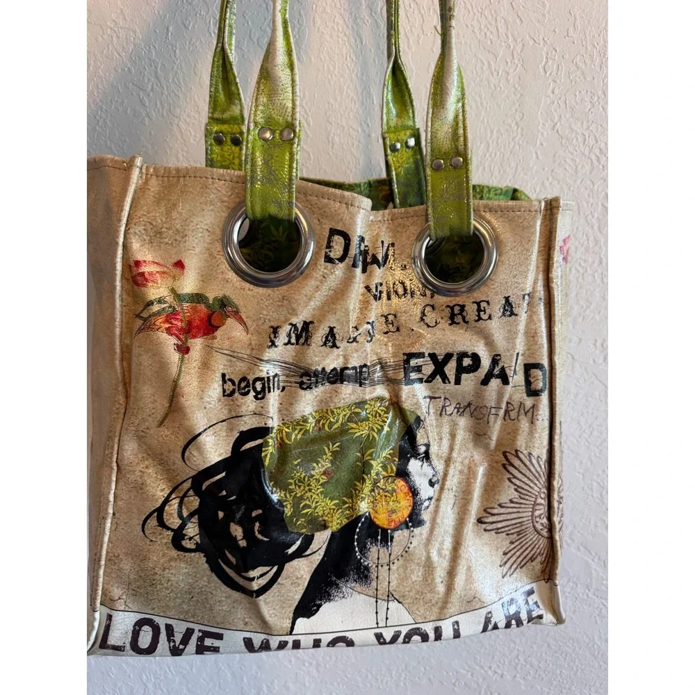 Papaya! Art Tote Bag Love Who You Are Dream Imagine Create Large Oilcloth Tan